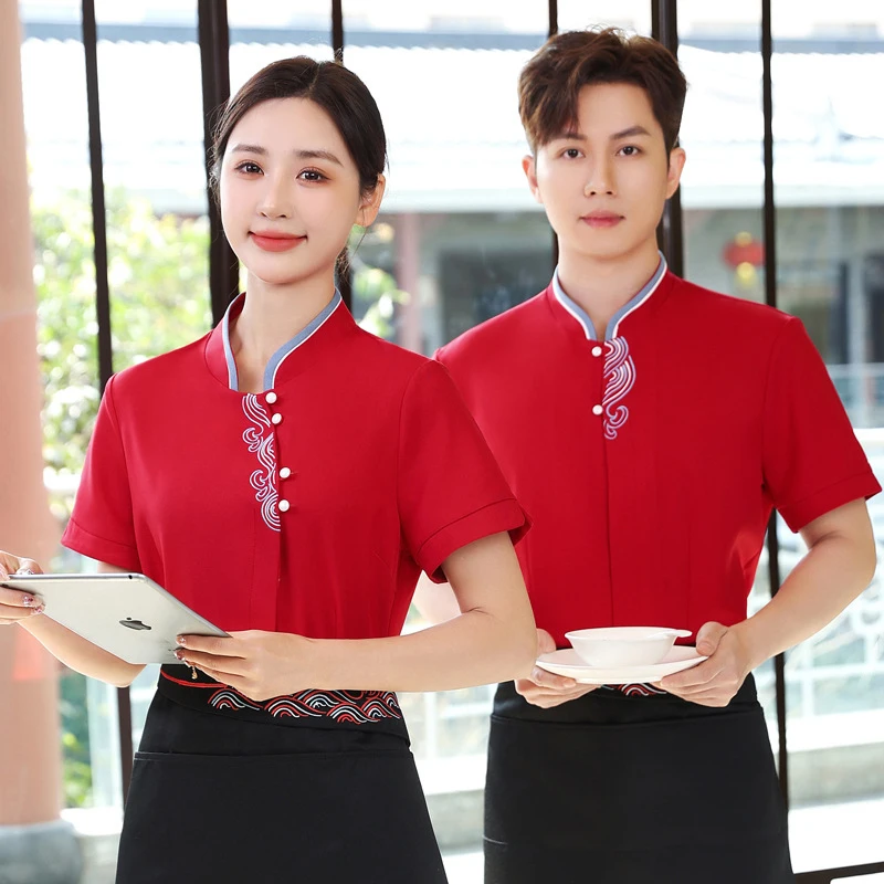Summer short-sleeved work uniform for restaurant staff, Chinese-style hotel and specialty restaurant staff uniform with wave pat
Summer short-sleeved work uniform for restaurant staff, Chinese-style hotel and specialty restaurant staff uniform with wave pat