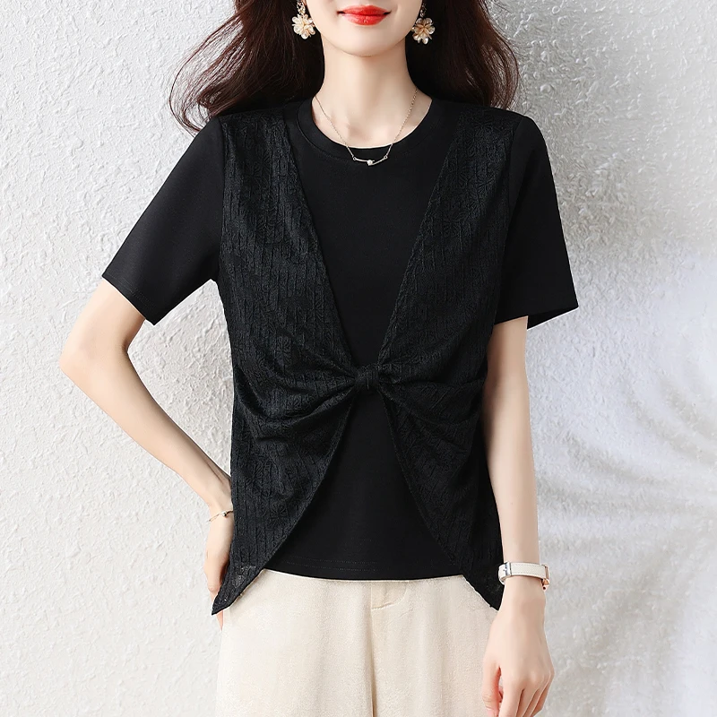 Women's round Neck T-Shirt Knot Design Slim Fit Short Sleeve Casual Style Splice Fake Two-Piece Top for Summer
Women's round Neck T-Shirt Knot Design Slim Fit Short Sleeve Casual Style Splice Fake Two-Piece Top for Summer