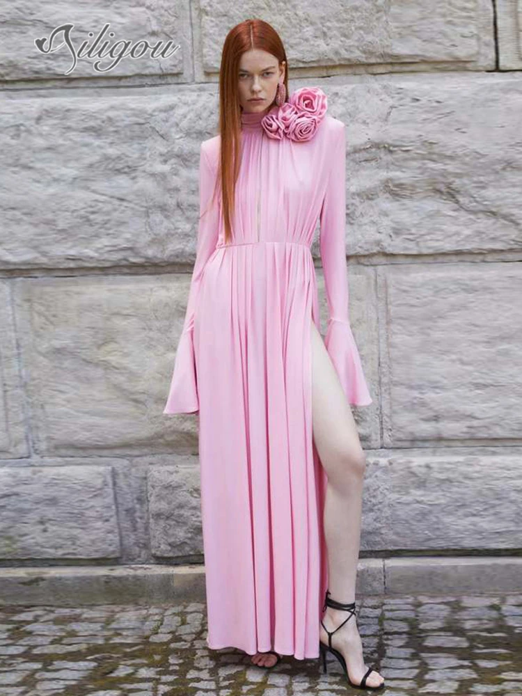Ailigou 2023 New Summer Women's Pink Navy 3D Flower Long Sleeve Sexy Pleated High Split Long Dress Elegant Celebrity Party Dress
Ailigou 2023 New Summer Women's Pink Navy 3D Flower Long Sleeve Sexy Pleated High Split Long Dress Elegant Celebrity Party Dress