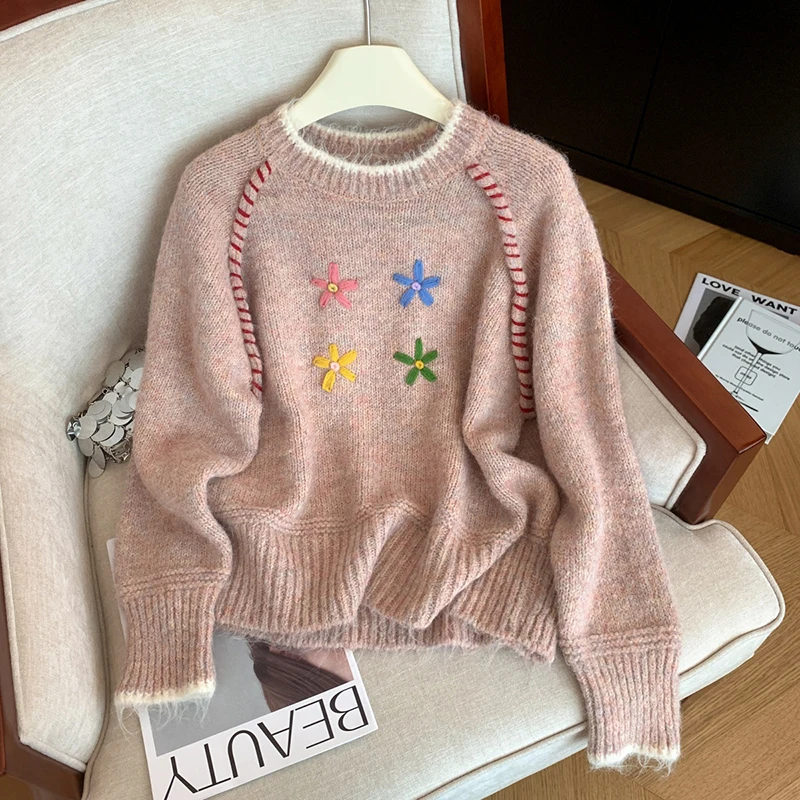 Женский осенне-зимний уникальный и красивый вязаный топ в ленивом стиле, свитер с круглым вырезом в корейском стиле и цветочной вышивкой
Женский осенне-зимний уникальный и красивый вязаный топ в ленивом стиле, свитер с круглым вырезом в корейском стиле и цветочной вышивкой
