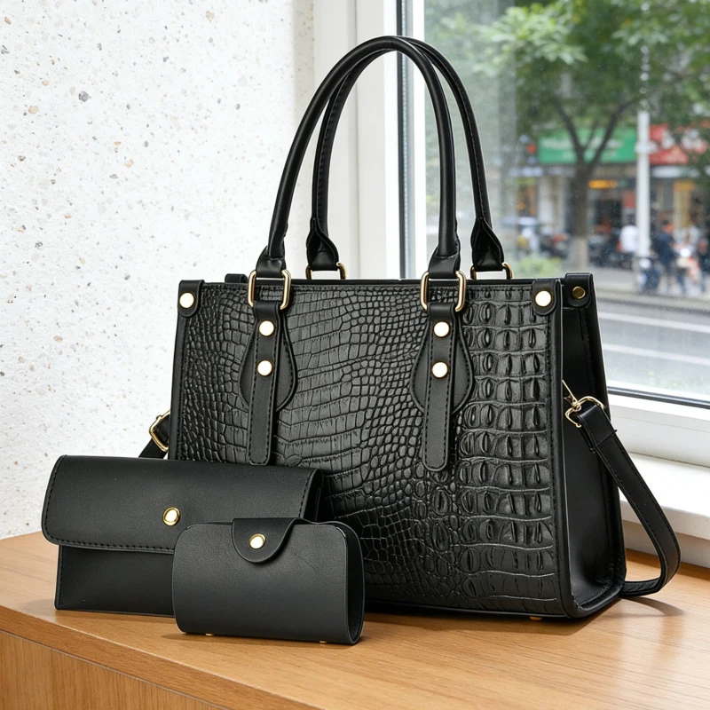 High-quality crocodile-pattern women's handbag, 3-piece women's bag set, color-blocked large-capacity tote bag
High-quality crocodile-pattern women's handbag, 3-piece women's bag set, color-blocked large-capacity tote bag