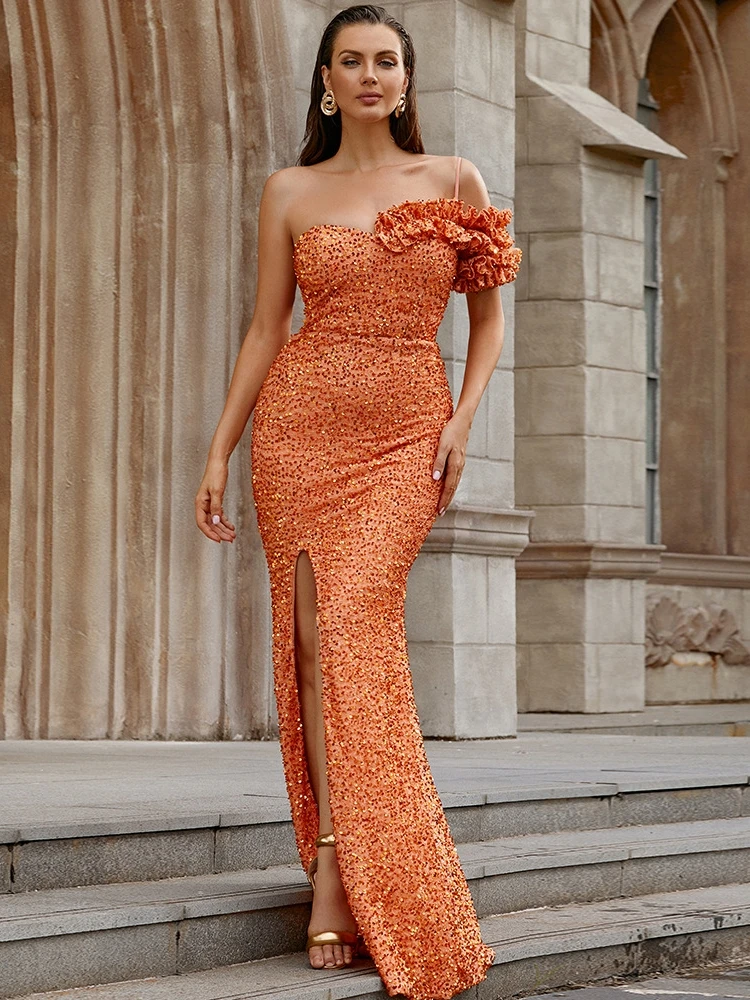 Sexy Sleeveless One Shoulder Sequin Maxi Slim Dress Women Elegant Orange Ruffles Straps High Slit Long Dress Prom Evening Party
Sexy Sleeveless One Shoulder Sequin Maxi Slim Dress Women Elegant Orange Ruffles Straps High Slit Long Dress Prom Evening Party