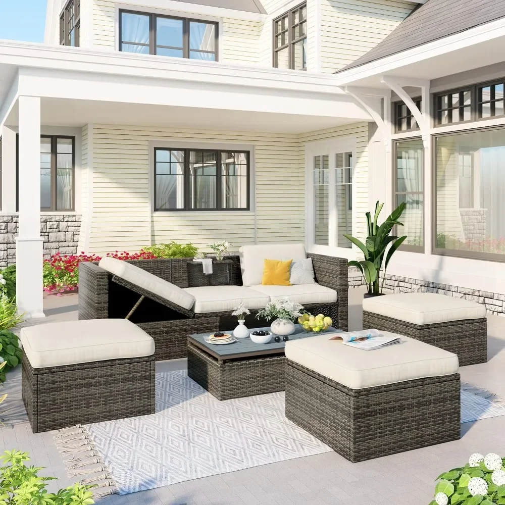 5-Piece Patio Furniture Set Wicker Outdoor Sofa Couch with Adustable Backrest, Ottomans and Lift Top Table, Beige
5-Piece Patio Furniture Set Wicker Outdoor Sofa Couch with Adustable Backrest, Ottomans and Lift Top Table, Beige
