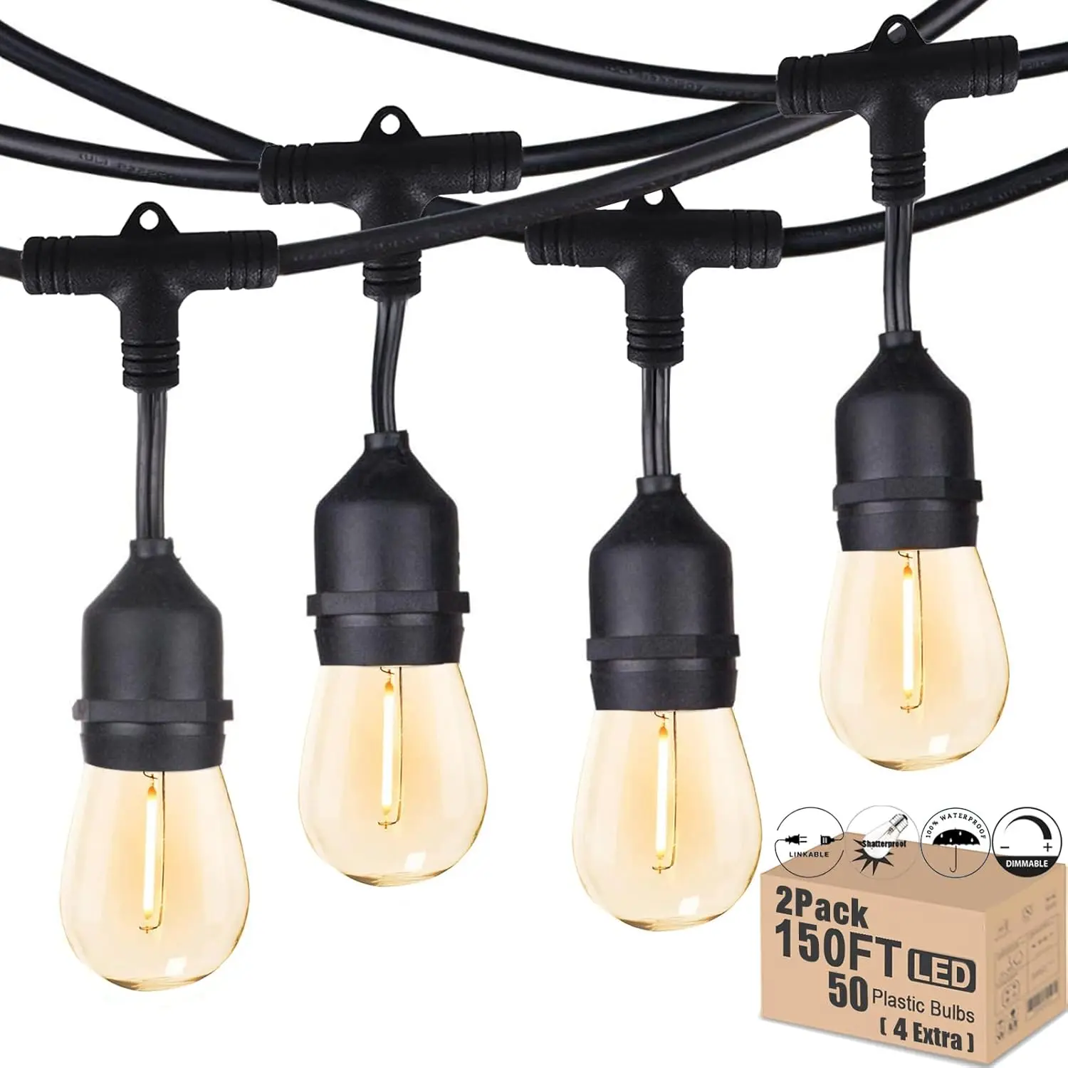 150FT Outdoor String Lights, 50 Dimmable Shatterproof Edison Bulbs, Waterproof Heavy-Duty for Patio Gazebo Bistro
150FT Outdoor String Lights, 50 Dimmable Shatterproof Edison Bulbs, Waterproof Heavy-Duty for Patio Gazebo Bistro