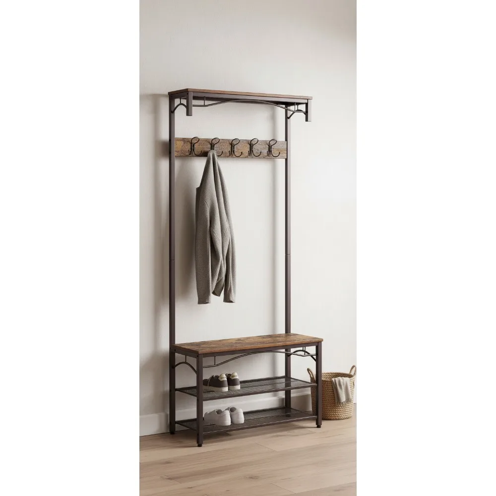 3-in-1 Hall Tree Entryway Shoe Bench Coat Rack with Storage Shelves, Industrial Rustic Brown Steel Frame Furniture
3-in-1 Hall Tree Entryway Shoe Bench Coat Rack with Storage Shelves, Industrial Rustic Brown Steel Frame Furniture