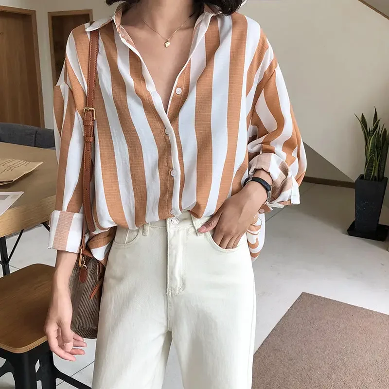 French Camisas De Mujer Loose Striped Office Lady Polo Collar Long Sleeve Shirts Ladies Korean Fashion Blouse Femmes Trend Tops
French Camisas De Mujer Loose Striped Office Lady Polo Collar Long Sleeve Shirts Ladies Korean Fashion Blouse Femmes Trend Tops