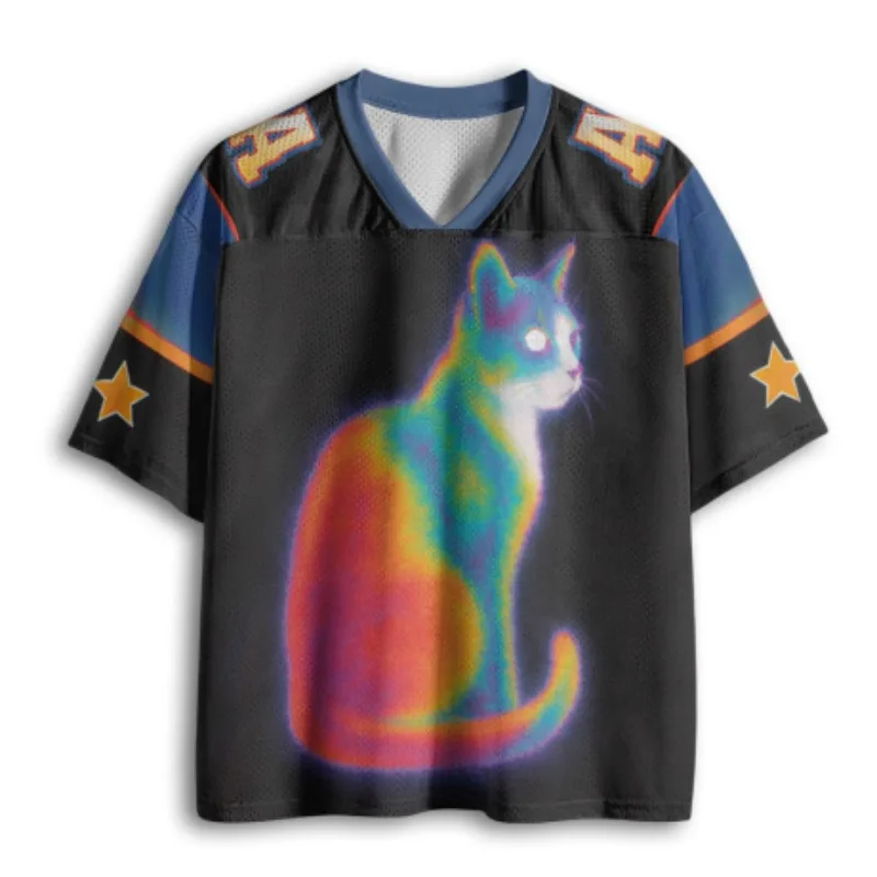 Y2K Thermal Neon Glow Cat Print Black Blue Color Block Mesh V Neck Loose Football Jersey T-shirt
Y2K Thermal Neon Glow Cat Print Black Blue Color Block Mesh V Neck Loose Football Jersey T-shirt
