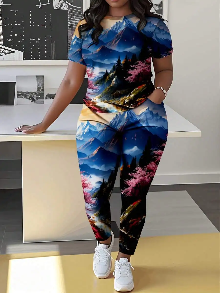 Plus Size Short Sleeve Top And Pants Set Mountain Landscape Print With Pink Trees 2pcs Leisure Sportwear
Plus Size Short Sleeve Top And Pants Set Mountain Landscape Print With Pink Trees 2pcs Leisure Sportwear