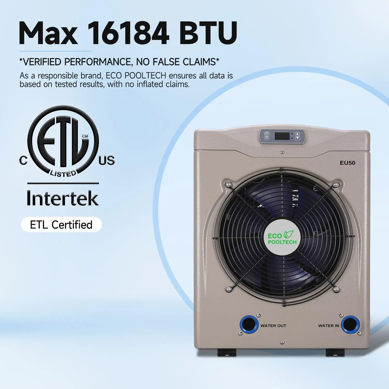 Swimming Pool Heat Pump Above Ground Pool up to 5000 Gallons, Max 16184 BTU, 5.62 COP, Titanium Heat Exchanger, 110V-120V, EU50
Swimming Pool Heat Pump Above Ground Pool up to 5000 Gallons, Max 16184 BTU, 5.62 COP, Titanium Heat Exchanger, 110V-120V, EU50