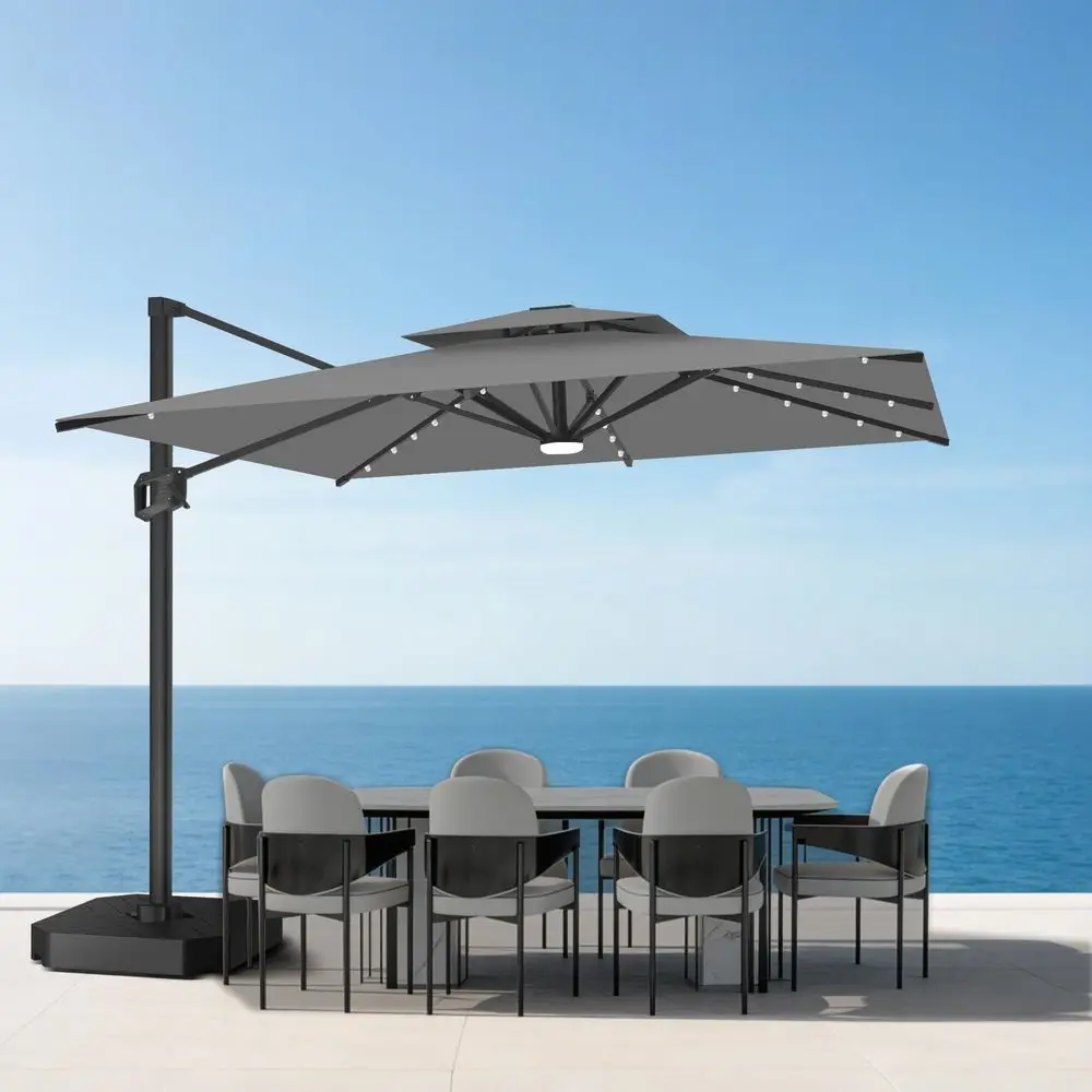 Pro 10 X 10 Cantilever Umbrella with BuiltIn LED Lights, Reinforced Aluminum Ribs amp Pole, 360Degree Rotation, Includes Cover
Pro 10 X 10 Cantilever Umbrella with BuiltIn LED Lights, Reinforced Aluminum Ribs amp Pole, 360Degree Rotation, Includes Cover