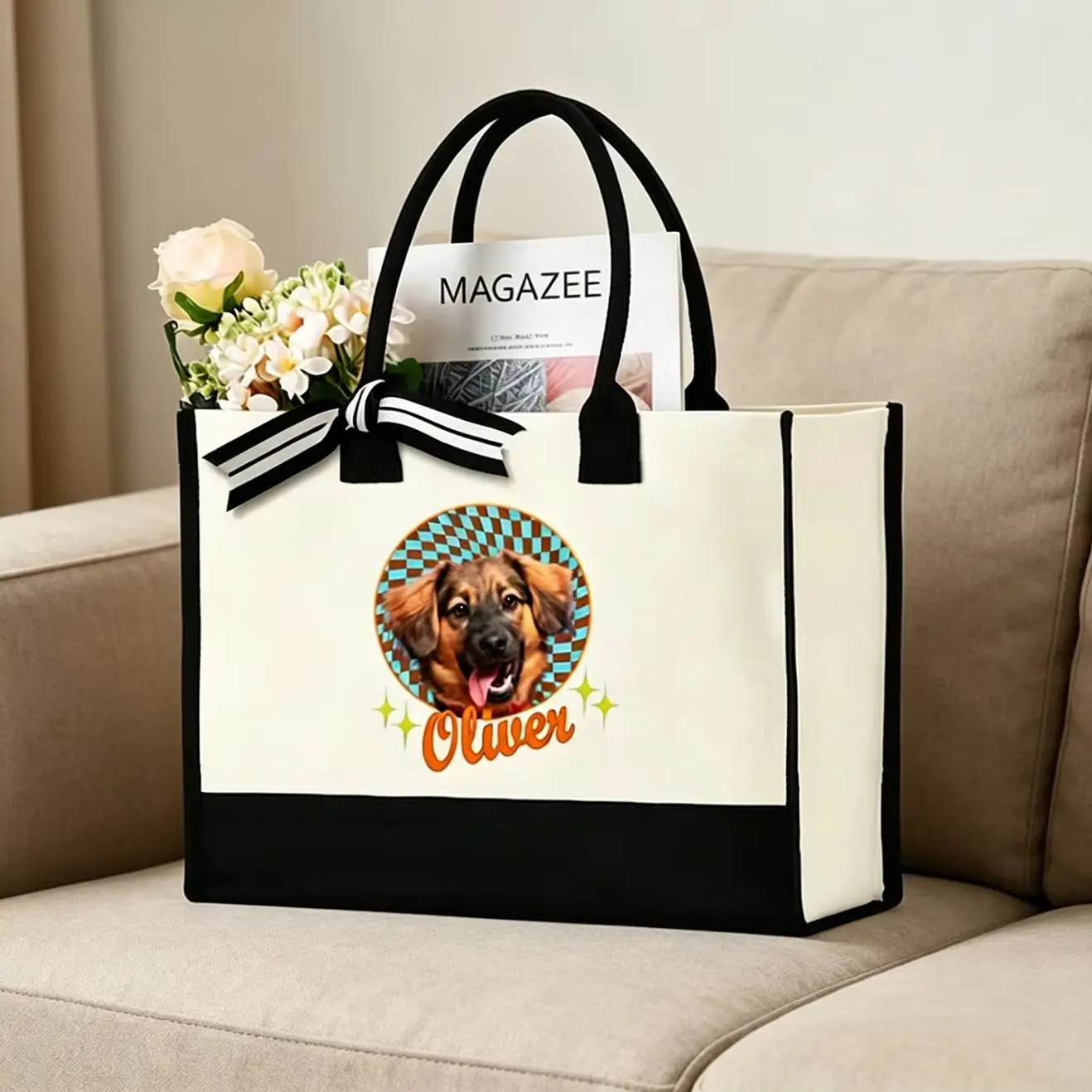 Custom Tote Bag For Dog Cat Lover Pet Portrait Canvas Two Tone Black Bottom Personalized Name Large Capacity With Inner Pocket
Custom Tote Bag For Dog Cat Lover Pet Portrait Canvas Two Tone Black Bottom Personalized Name Large Capacity With Inner Pocket