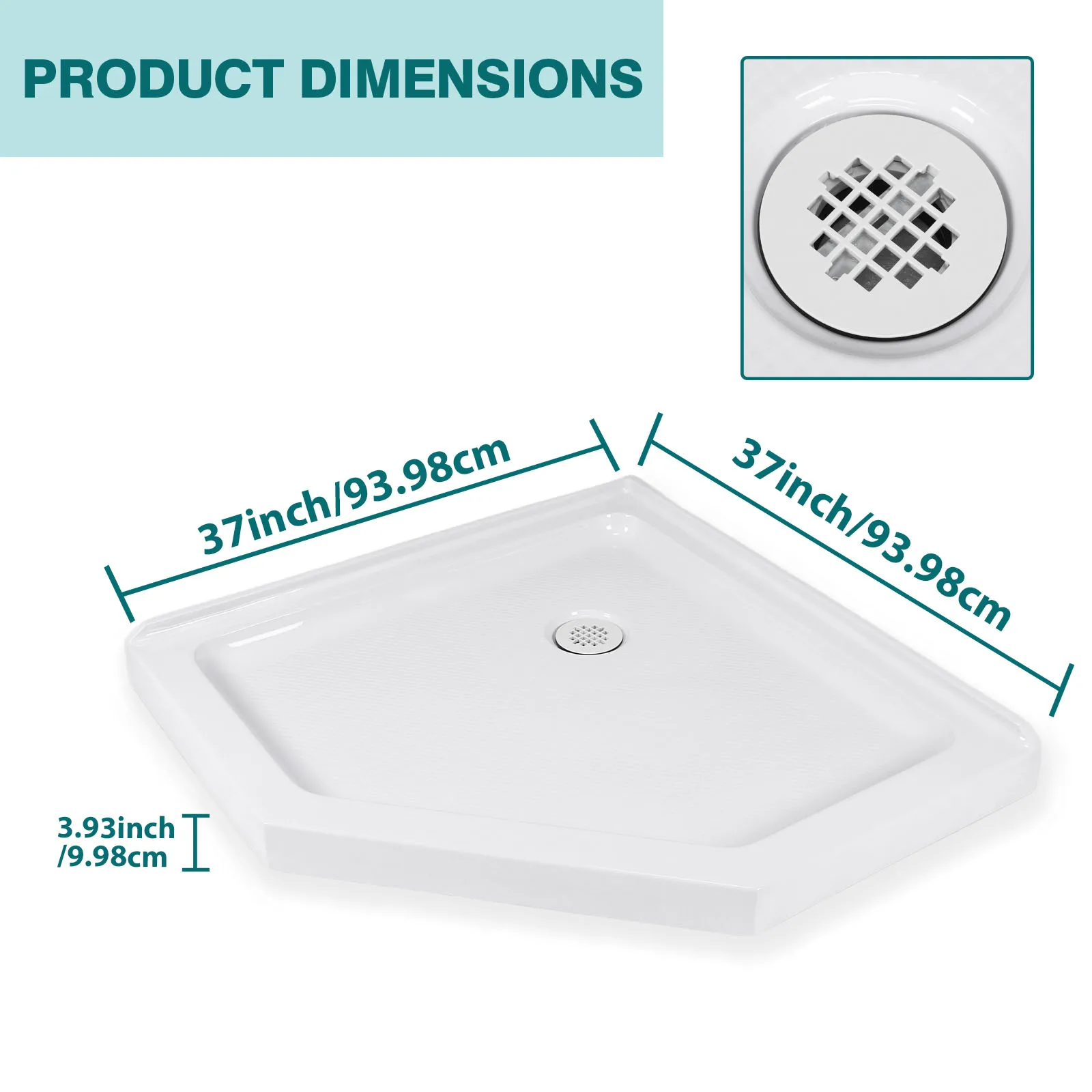 Shower Pan with Corner Drain Shower Base Pan Non-Slip Textured Surface 37 In. L X 37 In. W for RV Camper Travel Trailers
Shower Pan with Corner Drain Shower Base Pan Non-Slip Textured Surface 37 In. L X 37 In. W for RV Camper Travel Trailers