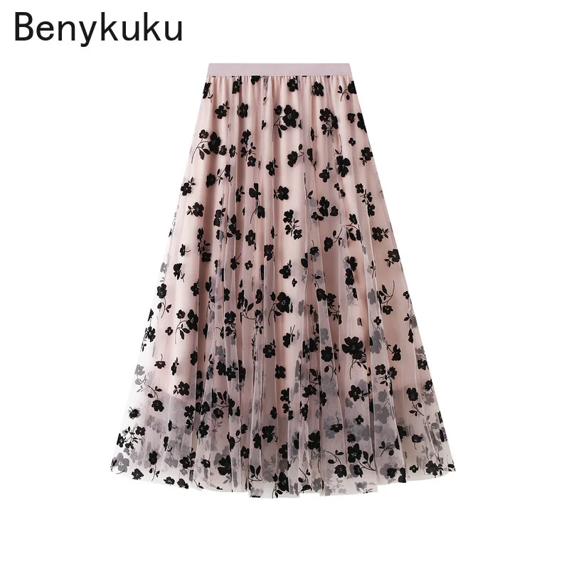 Korean Flocking Mesh Pleated Midi Skirts Elegant Women Floral Tulle Skirts High Waist Summer Office Ladies Skirt Jupe New 2026
Korean Flocking Mesh Pleated Midi Skirts Elegant Women Floral Tulle Skirts High Waist Summer Office Ladies Skirt Jupe New 2026