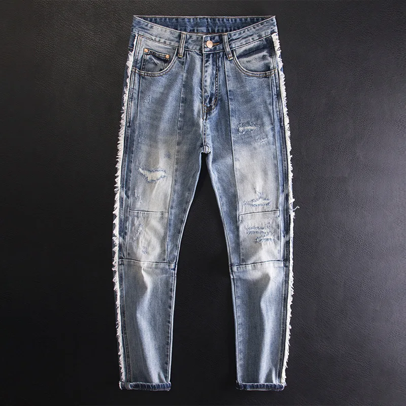 Splicing fringed patches, ripped jeans, men's slim fit, small straight tube, fashionable, personalized, trendy street pants
Splicing fringed patches, ripped jeans, men's slim fit, small straight tube, fashionable, personalized, trendy street pants