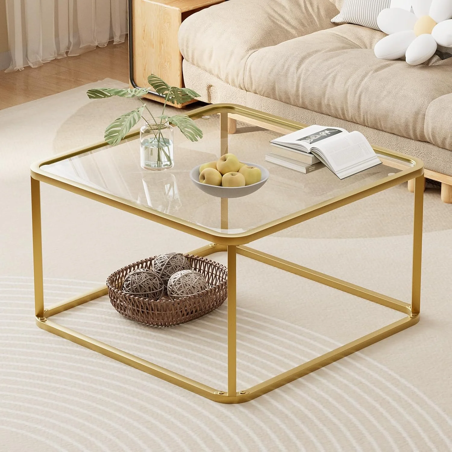 Minimalist Square Coffee Table with Tempered Glass Top and Gold Metal Frame, Easy Assembly for Living Room or Office
Minimalist Square Coffee Table with Tempered Glass Top and Gold Metal Frame, Easy Assembly for Living Room or Office