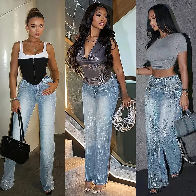 BKQU Fashion Rhinestone Straight Jeans for Women High Waist Washed Vintage Wide Leg Denim Pants 2026 New Lady Elegant Streetwear
BKQU Fashion Rhinestone Straight Jeans for Women High Waist Washed Vintage Wide Leg Denim Pants 2026 New Lady Elegant Streetwear