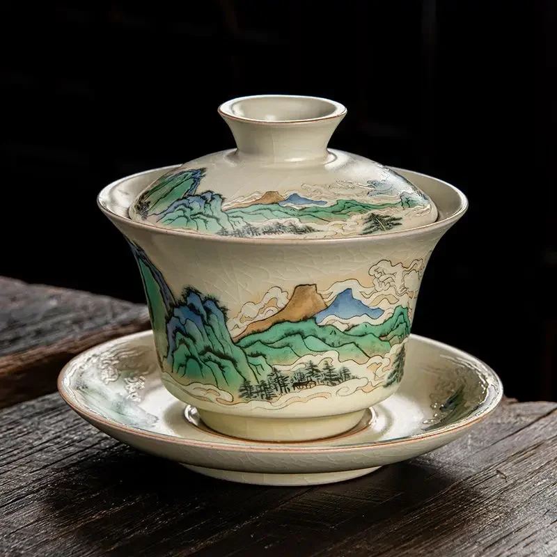 100ml Ruyao Sancai Gaiwan teacup set Chinese large ceramic high-end kung fu tea set with cover is not hot tea bowl
100ml Ruyao Sancai Gaiwan teacup set Chinese large ceramic high-end kung fu tea set with cover is not hot tea bowl