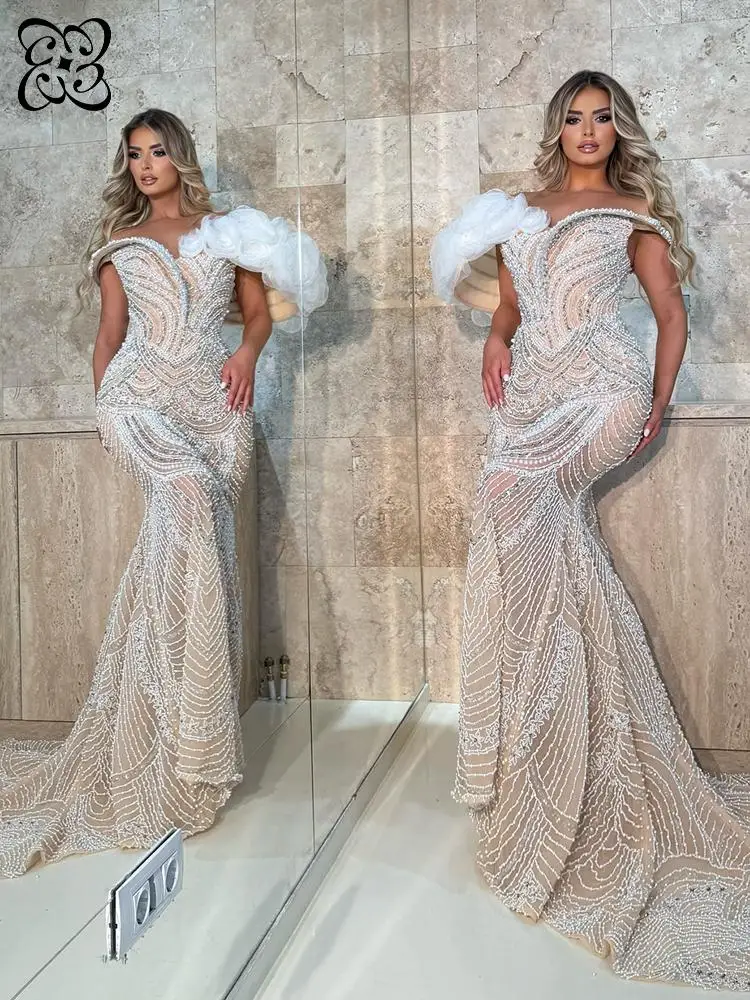 Luxury Blush Pink Off-Shoulder Pearl Beaded Evening Gown 3D Flower Applique Mermaid Formal Maxi Dress Elegant Birthday Dresses
Luxury Blush Pink Off-Shoulder Pearl Beaded Evening Gown 3D Flower Applique Mermaid Formal Maxi Dress Elegant Birthday Dresses