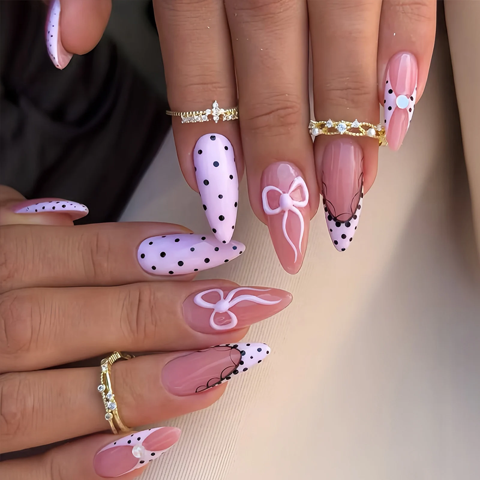 24pcs Ballerina Wearable False Nails Black Polka Dot Lace Edge French Style Press On Nails Bowknots Decor Pink Almond Fake Nail
24pcs Ballerina Wearable False Nails Black Polka Dot Lace Edge French Style Press On Nails Bowknots Decor Pink Almond Fake Nail