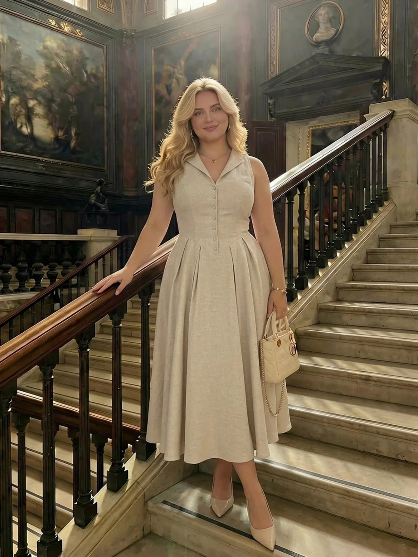 Elegant Beige Button Front Midi Dress With Turn-Down Collar And Cinched Waist
Elegant Beige Button Front Midi Dress With Turn-Down Collar And Cinched Waist