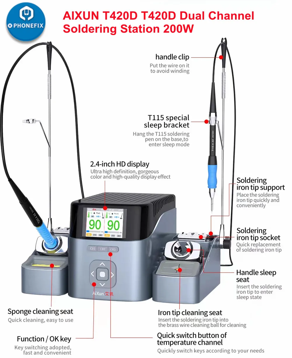 JCID AIXUN T420D 200W Dual-station Smart Soldering Station With C245 C210 C115 Handle Soldering Pen For SMD Repair 110V 220V
JCID AIXUN T420D 200W Dual-station Smart Soldering Station With C245 C210 C115 Handle Soldering Pen For SMD Repair 110V 220V