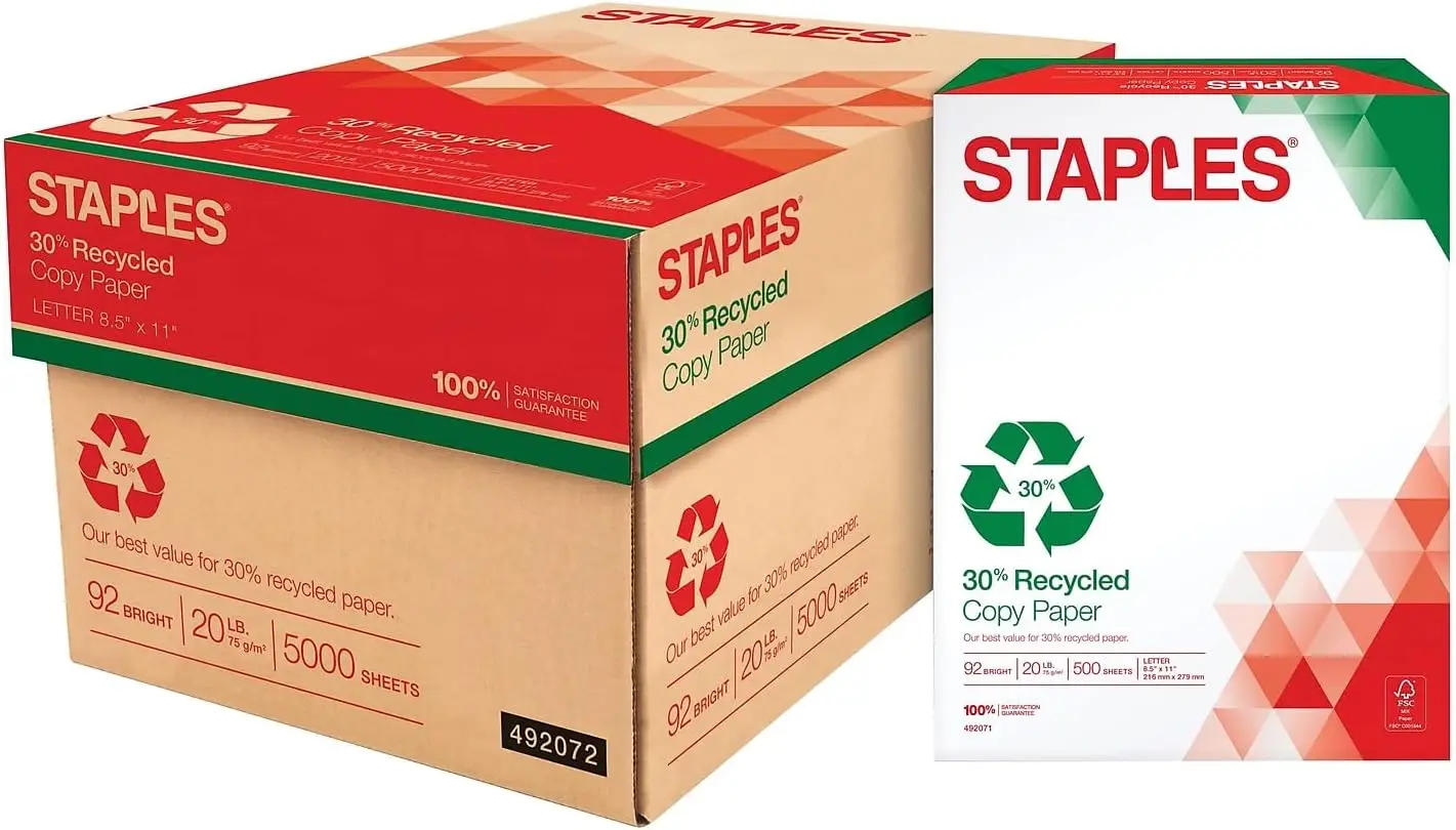 30% Recycled Copy Paper, 8.5" x 11", 5000 Sheets, 20 lb, 92 Brightness, For Office & Home
30% Recycled Copy Paper, 8.5" x 11", 5000 Sheets, 20 lb, 92 Brightness, For Office & Home