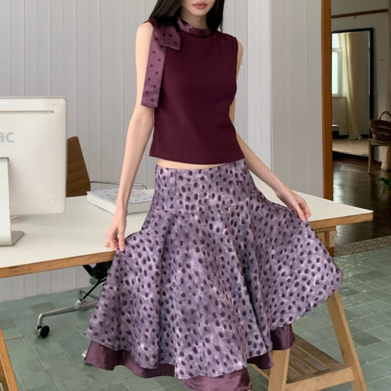 Vintage Elegant Two-piece Satin Skirts Sets Bow Purple Tops T-shirt Korean Fashin Double-layer Polka Dot Skirts Women Outfits
Vintage Elegant Two-piece Satin Skirts Sets Bow Purple Tops T-shirt Korean Fashin Double-layer Polka Dot Skirts Women Outfits
