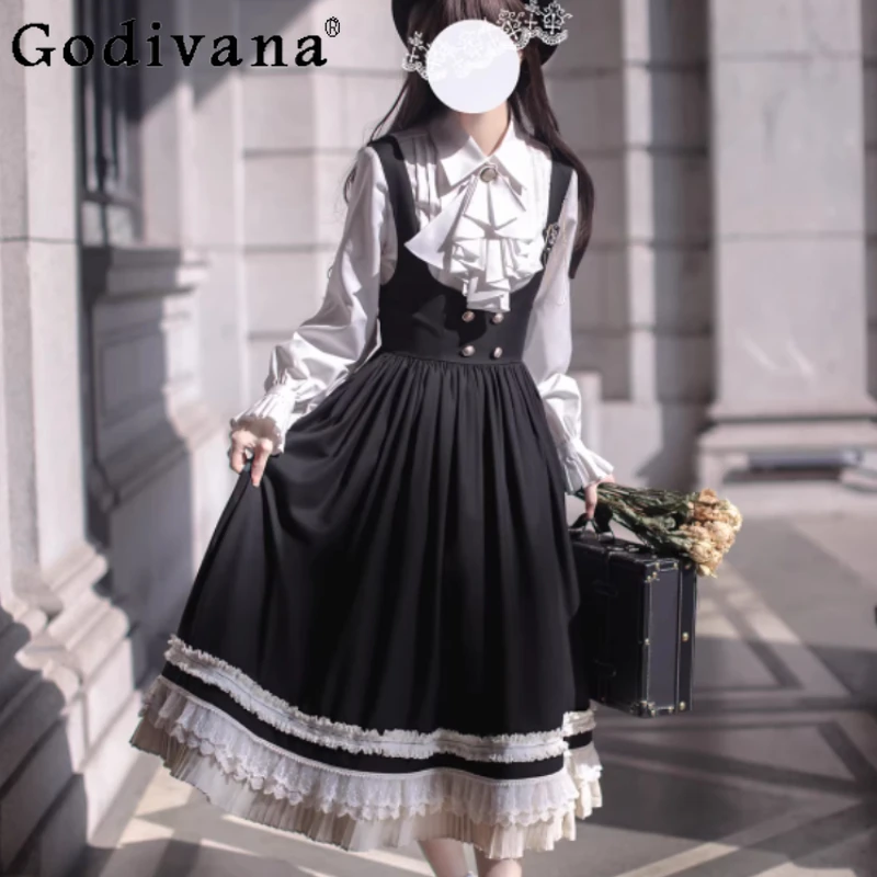 Spring Autumn British Elegant Vintage High Waist Lace Pleated Suspender Dress Fashion Women Long Sleeve Turn-Down Collar Shirt
Spring Autumn British Elegant Vintage High Waist Lace Pleated Suspender Dress Fashion Women Long Sleeve Turn-Down Collar Shirt