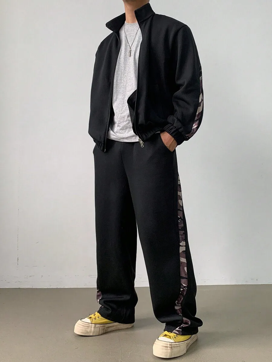 Mens Black Track Suit Featuring Camo Side Stripes On Jacket And Pants, Loose Fit Casual Sport Outfit
Mens Black Track Suit Featuring Camo Side Stripes On Jacket And Pants, Loose Fit Casual Sport Outfit