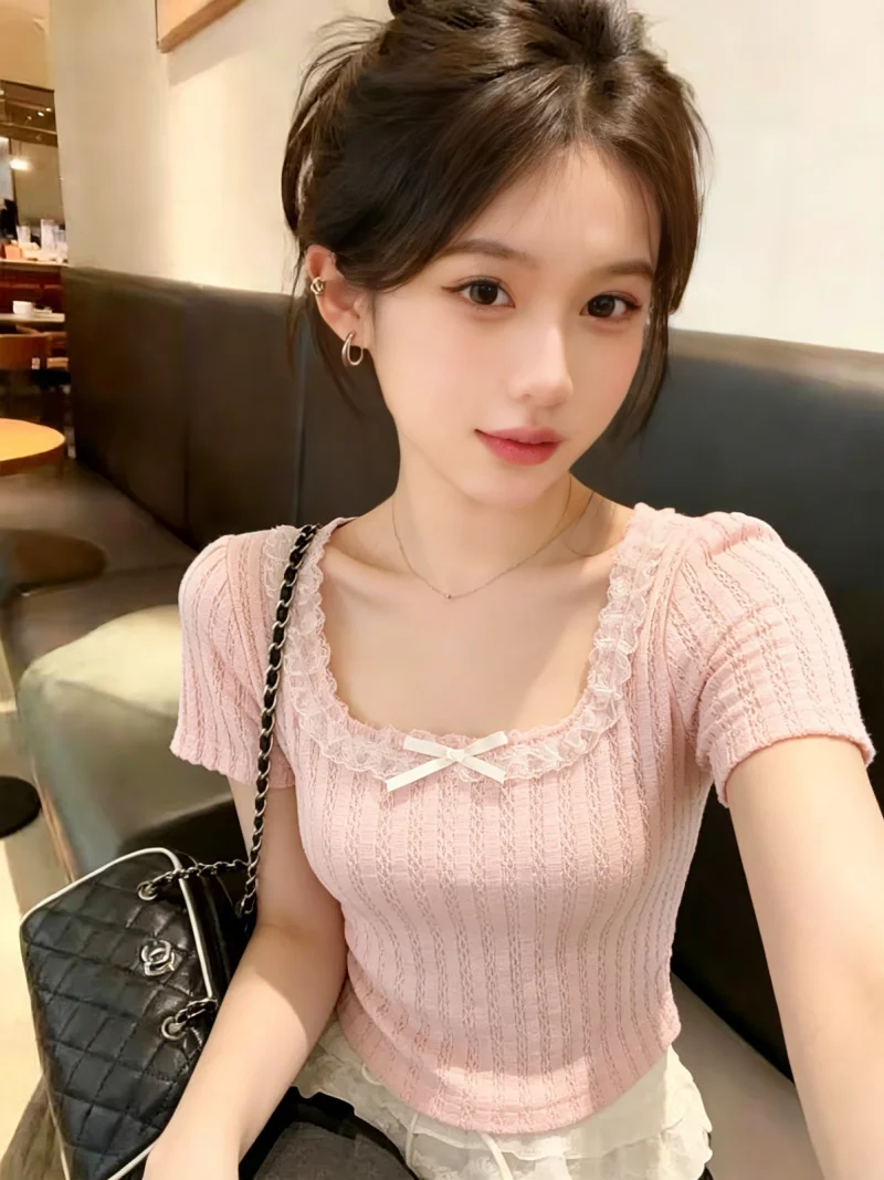 Unique Pink Knot Lace Trim Square Collar Knitted Short Sleeve Women's Summer Top Beautiful Self-Keeping Style Korea...
Unique Pink Knot Lace Trim Square Collar Knitted Short Sleeve Women's Summer Top Beautiful Self-Keeping Style Korea...