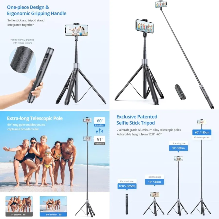 60" Selfie Stick Tripod, All in One Extendable Phone Tripod Stand with Bluetooth Remote 360° Rotation for iPhone and Android Phone Selfies, Video Recording, Vlogging, Live Streaming, Black
60" Selfie Stick Tripod, All in One Extendable Phone Tripod Stand with Bluetooth Remote 360° Rotation for iPhone and Android Phone Selfies, Video Recording, Vlogging, Live Streaming, Black
