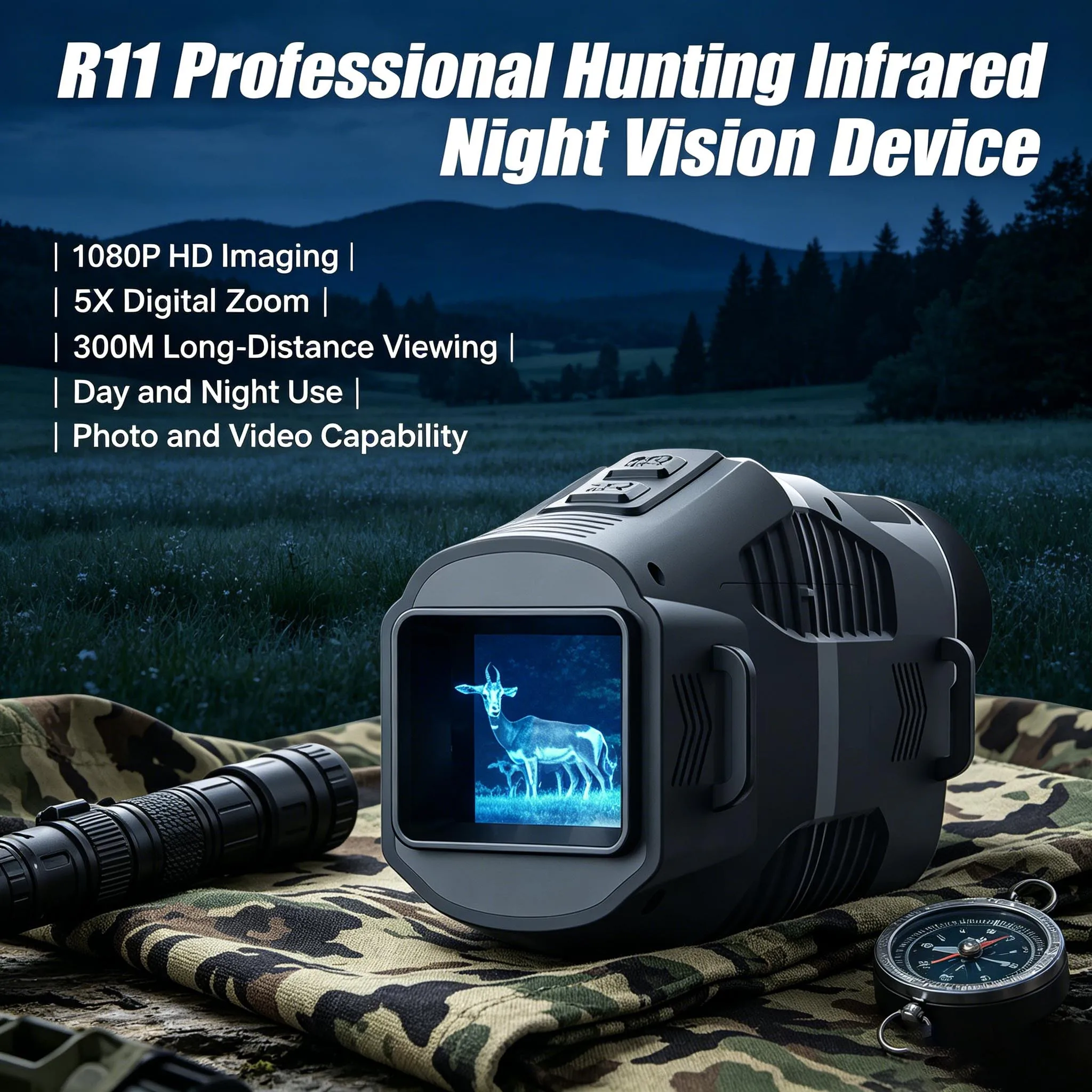R11 1080P Day Night Use Infrared Night Vision Monocular 5X Digital Zoom 300M Viewing Photo Video for Hunting Outdoor
R11 1080P Day Night Use Infrared Night Vision Monocular 5X Digital Zoom 300M Viewing Photo Video for Hunting Outdoor