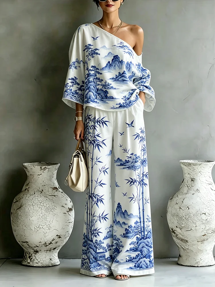 Women's Blue White Landscape Print One Shoulder Top & Wide Leg Pants Two Piece Set Elegant Casual Outfit For Daily Vacation
Women's Blue White Landscape Print One Shoulder Top & Wide Leg Pants Two Piece Set Elegant Casual Outfit For Daily Vacation