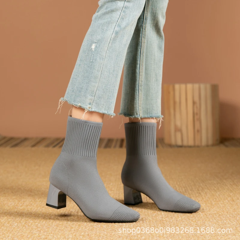 Black Square Toe Knit Sock Boots Elastic Slim Thick Block Heel High Heels Short Boots Fashion Autumn Casual Skinny Ankle Boots 26 Sf70067c4c80a42018c66bfb7ed93e13ec