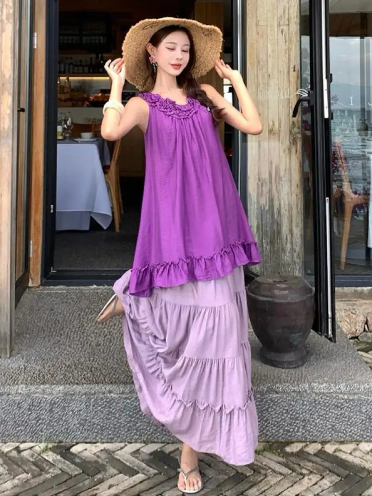 Retro Summer Women Purple Elegant Sleeveless Ruffle Edge Vest Top And High Waist Pleated Long Skirt Vacation Beach Two Piece Set
Retro Summer Women Purple Elegant Sleeveless Ruffle Edge Vest Top And High Waist Pleated Long Skirt Vacation Beach Two Piece Set