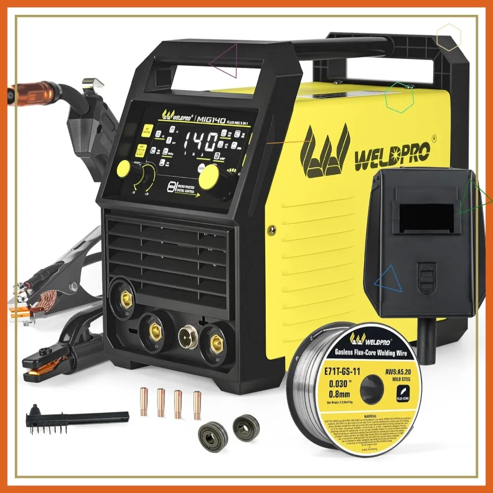 140A MIG Welder 110/220V, 5-in-1 Flux Core Welder with Synergic Control, Large LED Display for Gasless/Lift TIG/MMA/Spot Welding
140A MIG Welder 110/220V, 5-in-1 Flux Core Welder with Synergic Control, Large LED Display for Gasless/Lift TIG/MMA/Spot Welding