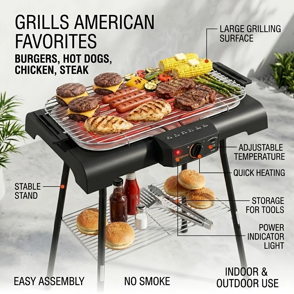 Electric Grill For Indoor And Outdoor Cooking, Smoke-Free Grilling, Portable And Detachable Stand, Includes Cooking Grate
Electric Grill For Indoor And Outdoor Cooking, Smoke-Free Grilling, Portable And Detachable Stand, Includes Cooking Grate