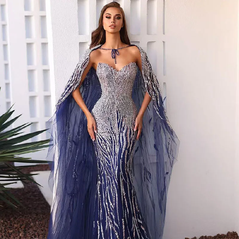 2025 Arabic Blue Beaded Party Dresses One Shoulder Evening Dress For Women Mermaid Prom Gowns With Detachable Shawl Customize
2025 Arabic Blue Beaded Party Dresses One Shoulder Evening Dress For Women Mermaid Prom Gowns With Detachable Shawl Customize
