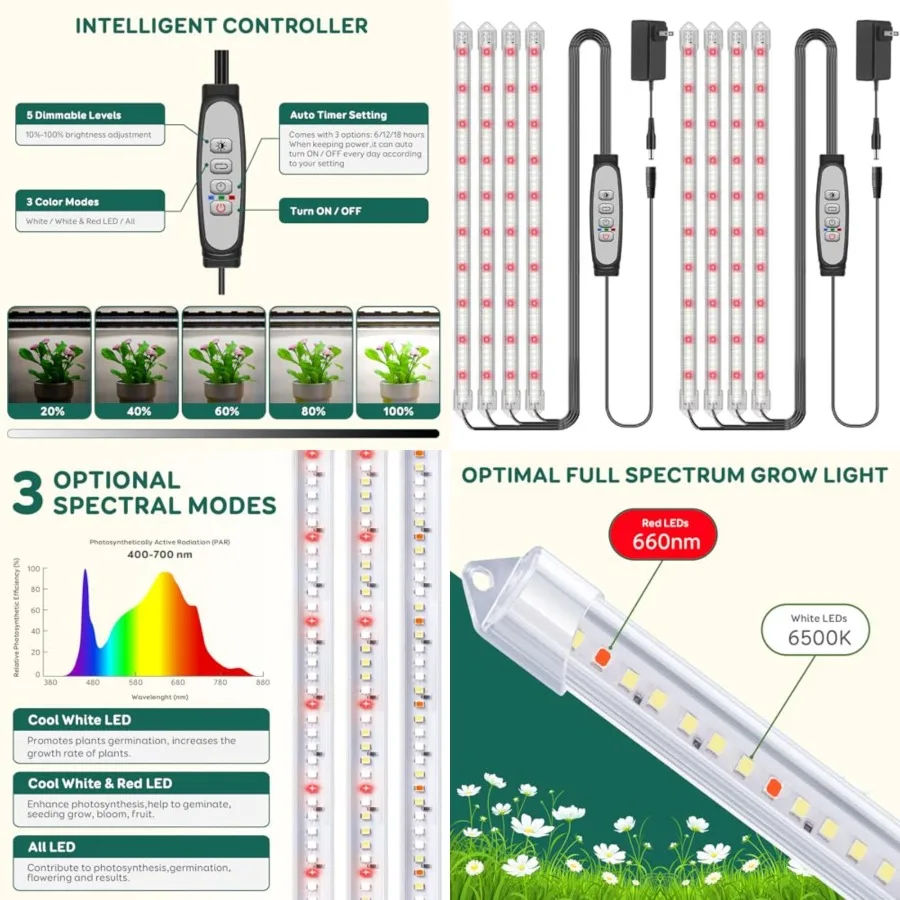 4-Bar Grow Light Strips for Indoor Plants, 16" Full Spectrum Plant Lights, 6500K Sunlike Grow Lights with 6/12/18H Timer, 5-Lev
4-Bar Grow Light Strips for Indoor Plants, 16" Full Spectrum Plant Lights, 6500K Sunlike Grow Lights with 6/12/18H Timer, 5-Lev