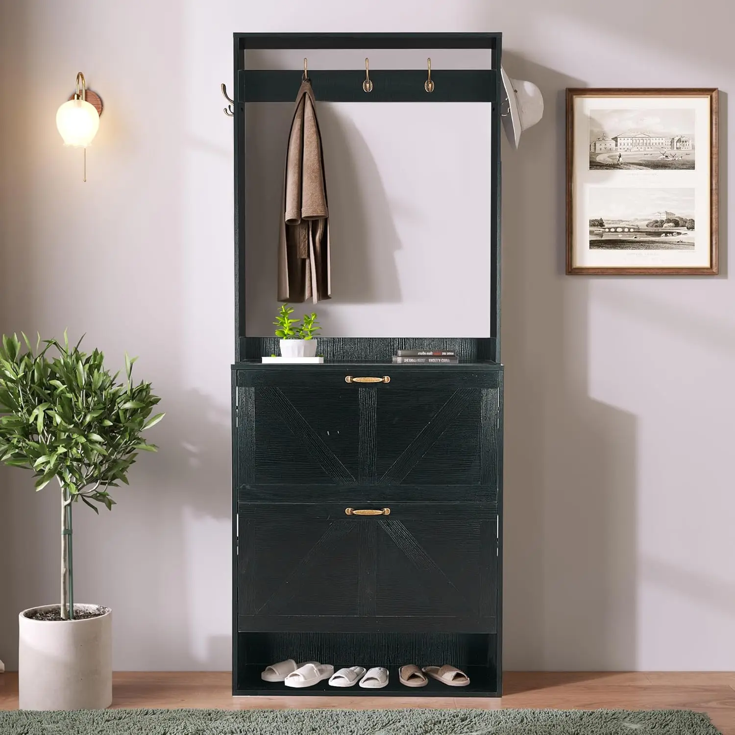 Hall Tree with Shoes Storage,Farmhouse Corner Coat Rack with 5 Coat Hooks, Wooden Entryway Tree Cabinet with 2, Customized
Hall Tree with Shoes Storage,Farmhouse Corner Coat Rack with 5 Coat Hooks, Wooden Entryway Tree Cabinet with 2, Customized