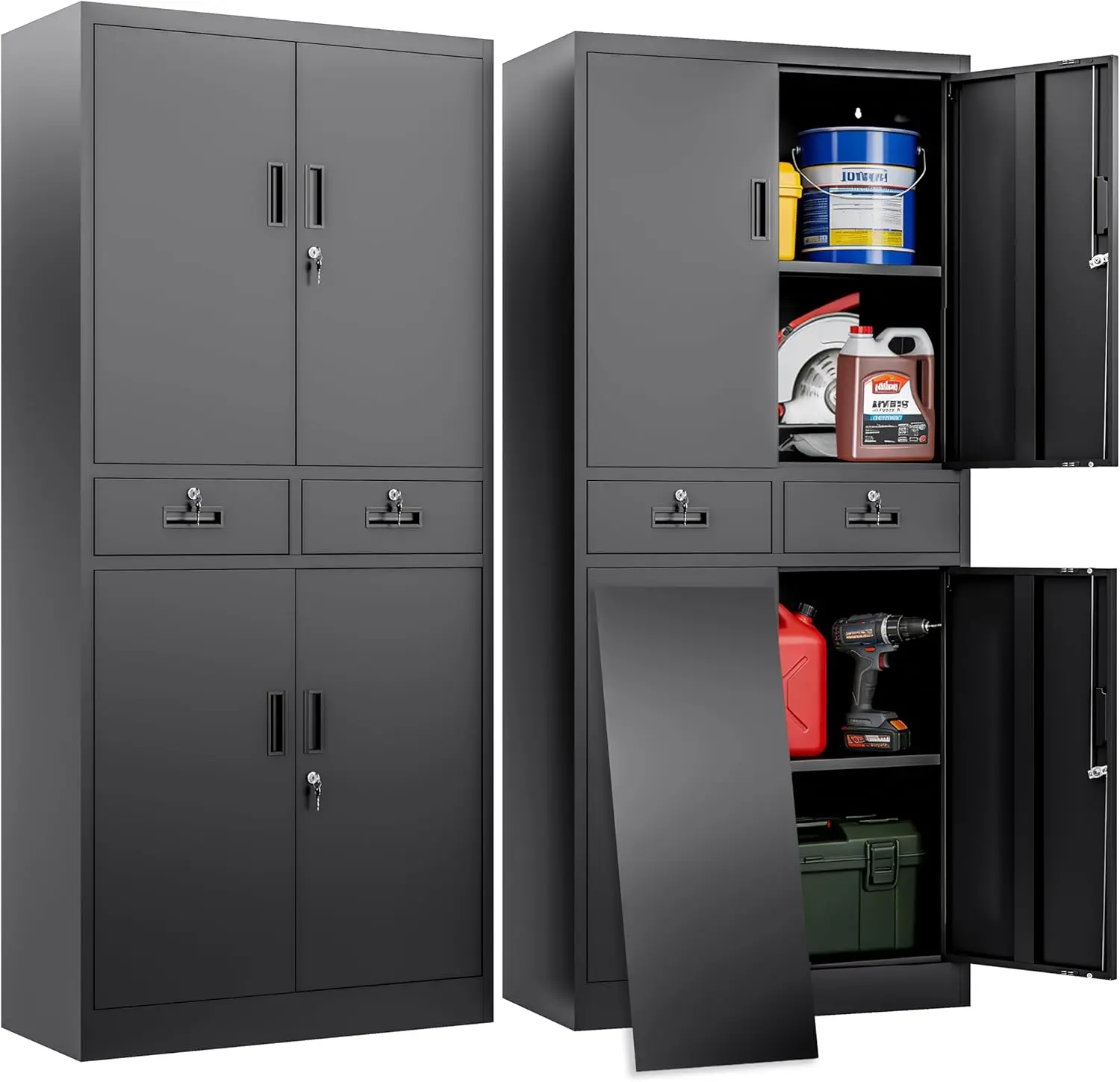 Metal Garage Storage Cabinet with Two Drawers Locking Doors and 2 Adjustable Shelves, Black Tall
Metal Garage Storage Cabinet with Two Drawers Locking Doors and 2 Adjustable Shelves, Black Tall