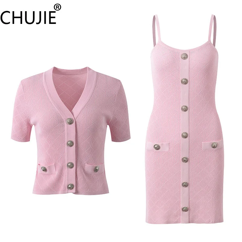 Women's French Cardigan Set 2025 - Silver Buckle V-Neck & Camisole Dress, Sexy Summer Two-Piece
Women's French Cardigan Set 2025 - Silver Buckle V-Neck & Camisole Dress, Sexy Summer Two-Piece