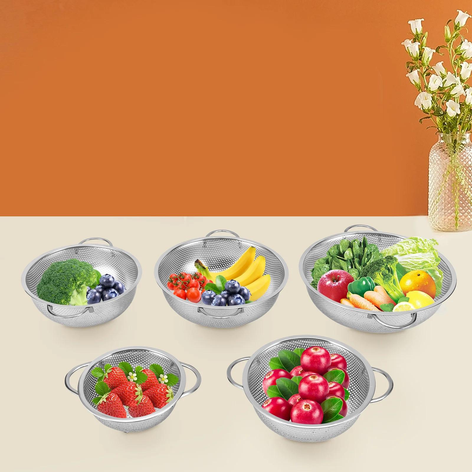 Colander Set-Stainless Steel Wired Mesh Strainer Baskets with Handle 5 Piece Mesh Micro-perforated Strainer Set
Colander Set-Stainless Steel Wired Mesh Strainer Baskets with Handle 5 Piece Mesh Micro-perforated Strainer Set