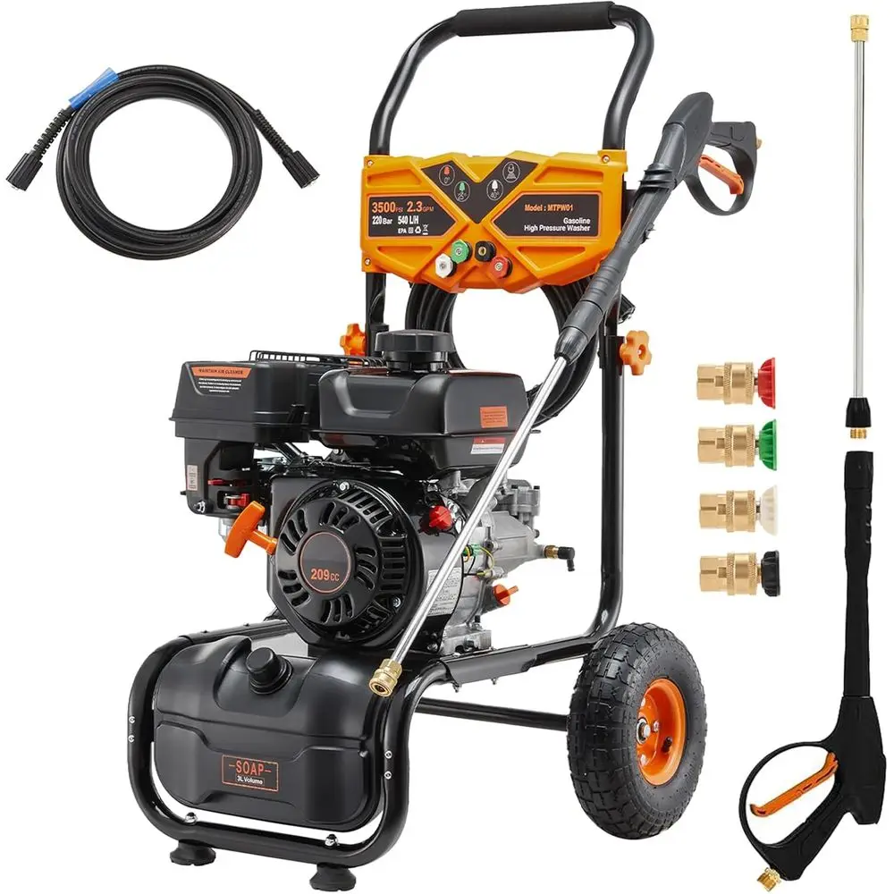 3500 PSI 2.3 GPM Gas Pressure Washer with 25ft Hose, 4 Nozzles, Soap Tank for Cars, Driveways, and Home Cleaning
3500 PSI 2.3 GPM Gas Pressure Washer with 25ft Hose, 4 Nozzles, Soap Tank for Cars, Driveways, and Home Cleaning
