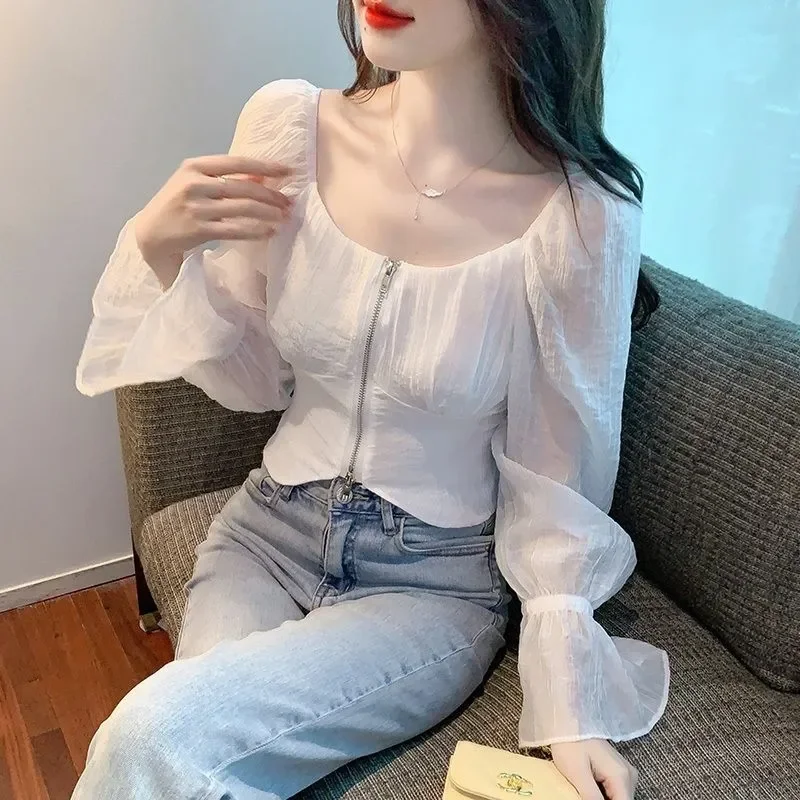 Women's Sheer Chiffon Blouse Square Neck Puff Sleeve Zip Front Cropped Slim Fit Elegant Casual Top In White
Women's Sheer Chiffon Blouse Square Neck Puff Sleeve Zip Front Cropped Slim Fit Elegant Casual Top In White