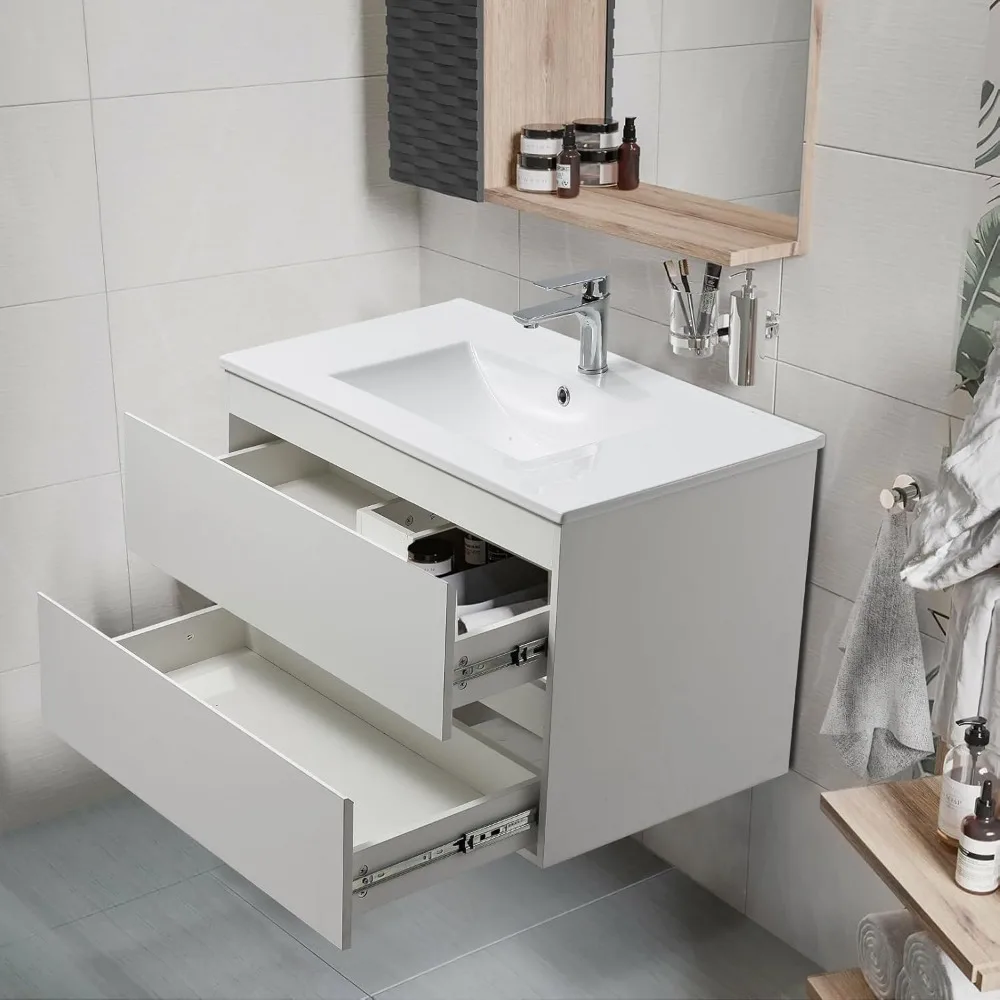 36" White Bathroom Vanity Wall Mounted Floating Vanity Two Drawers Storage Cabinet with White Ceramic Integrated Sink
36" White Bathroom Vanity Wall Mounted Floating Vanity Two Drawers Storage Cabinet with White Ceramic Integrated Sink