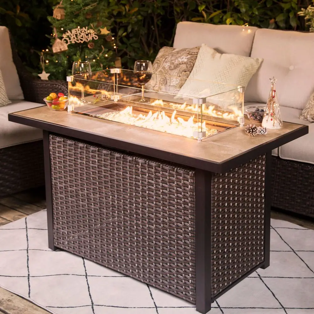 Outdoor 43 50,000 BTU Propane Gas Fire Pit Table, Ceramic Tabletop and Rattan Weaved Iron Frame, WaterProof Oxford Cover, Glass
Outdoor 43 50,000 BTU Propane Gas Fire Pit Table, Ceramic Tabletop and Rattan Weaved Iron Frame, WaterProof Oxford Cover, Glass