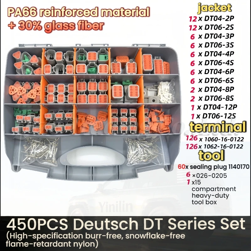 450Pcs Deutsch Connectors Kit PA66 reinforced nylon material,IP67 waterproof,dustproof, safe conductive with Tool DT06/DT04 Pins
450Pcs Deutsch Connectors Kit PA66 reinforced nylon material,IP67 waterproof,dustproof, safe conductive with Tool DT06/DT04 Pins
