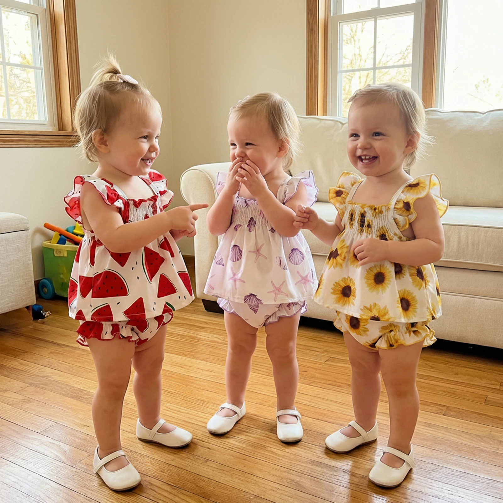 Baby Girl Summer Outfits Watermelon/Sunflower/Ocean Print Ruffled Trim A Line Flying Sleeve Shirt Tops Shorts 2 Pcs Set
Baby Girl Summer Outfits Watermelon/Sunflower/Ocean Print Ruffled Trim A Line Flying Sleeve Shirt Tops Shorts 2 Pcs Set