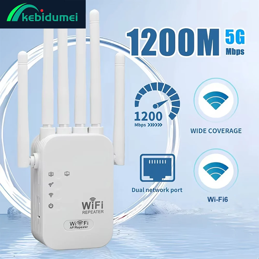 Kebidumei 1200Mbps Wifi Repeater Dual Band 2.4G 5G Network Range Extender Signal Booster Amplifier 6Antenna Wireless WiFi Router
Kebidumei 1200Mbps Wifi Repeater Dual Band 2.4G 5G Network Range Extender Signal Booster Amplifier 6Antenna Wireless WiFi Router
